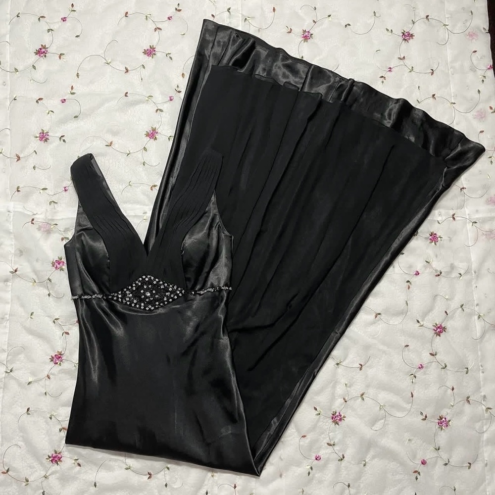(NOT AVAILABLE) Vintage Black Satin Beaded Prom Dress